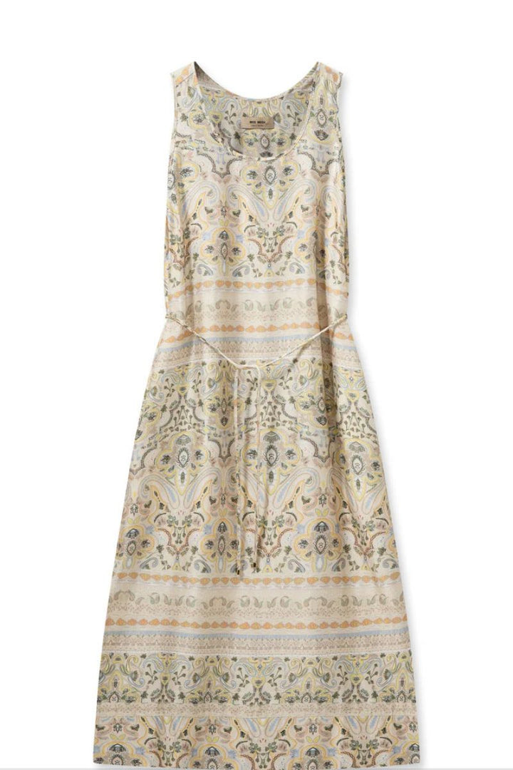Lula Mimi Sleeveless Dress in Goldfinch print with Tie Belt by Mos Mosh in Cream / S
