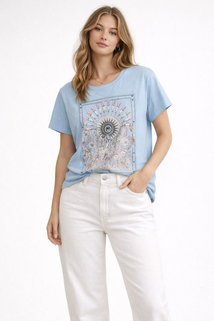 Melika Oversized Graphic Tee in Cashmere Blue by Mos Mosh in XS / Cashmere blue
