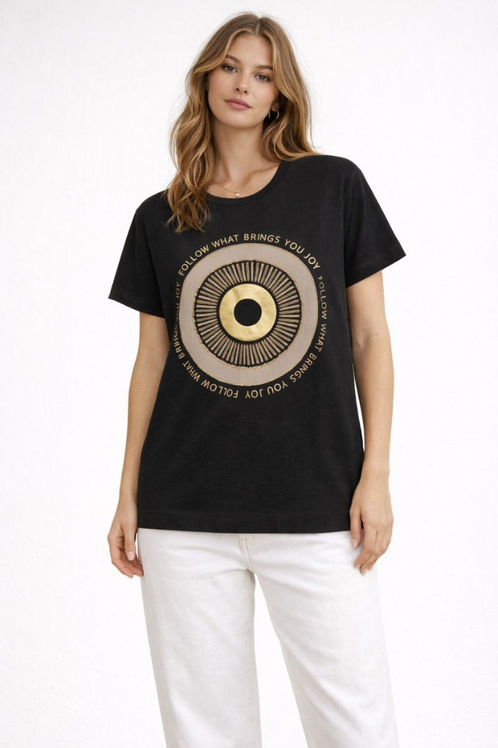 Nori T-Shirt with Gold Beaded Print in Black by Mos Mosh in XS / Black
