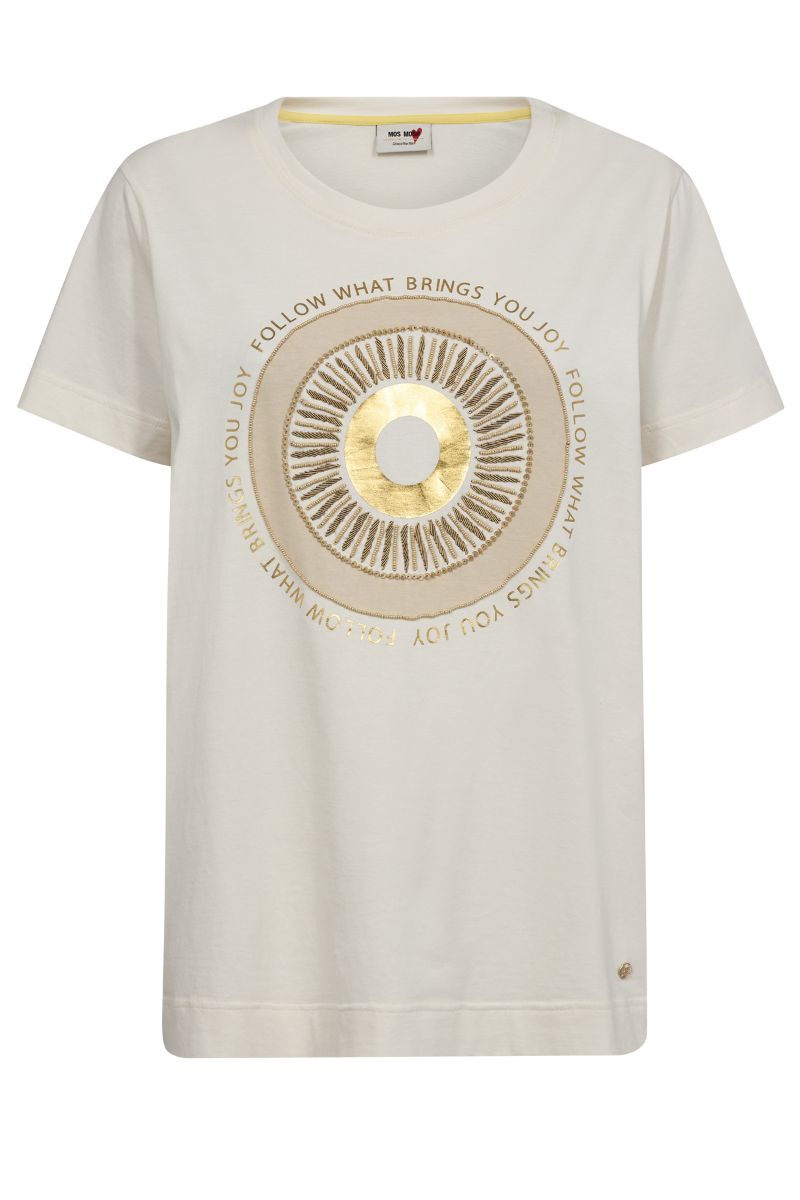 Mos Mosh 163190 Nori T-Shirt in Cream gold print and beading detail