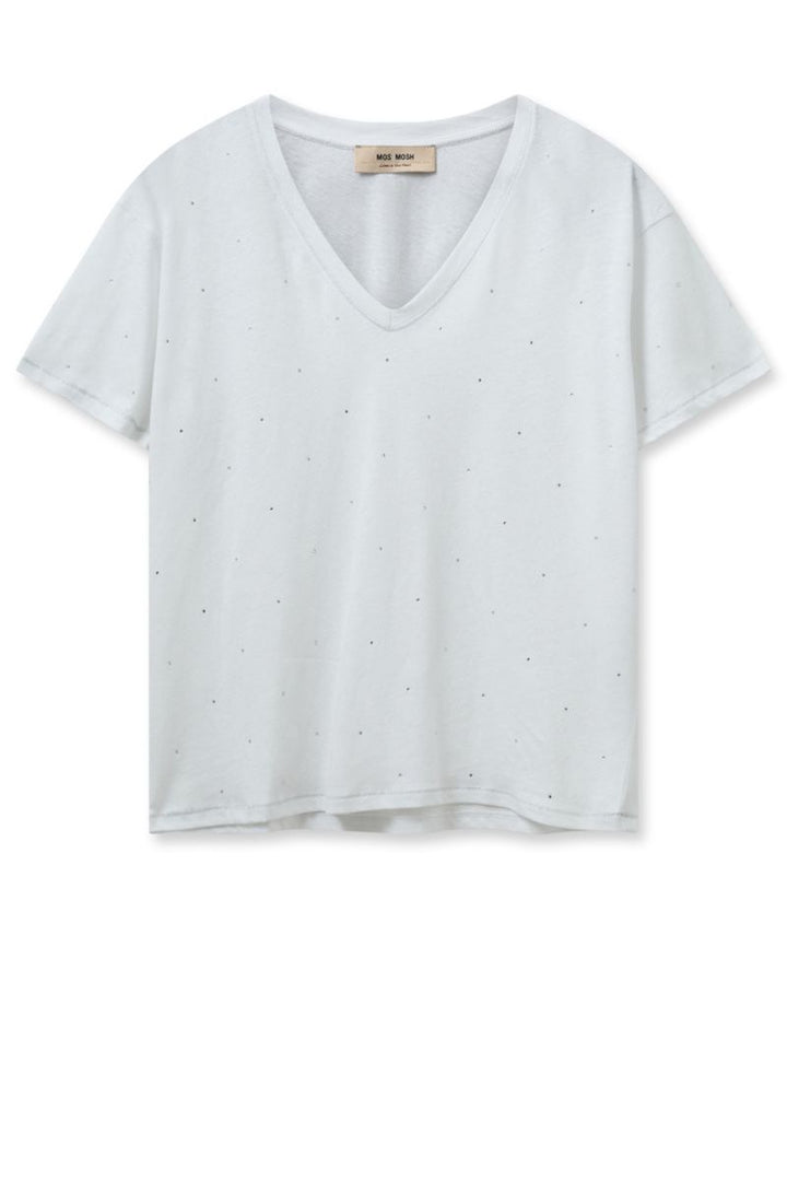 White V Neck Decorated T-Shirt with Silver Stitching by Mos Mosh in XS / White