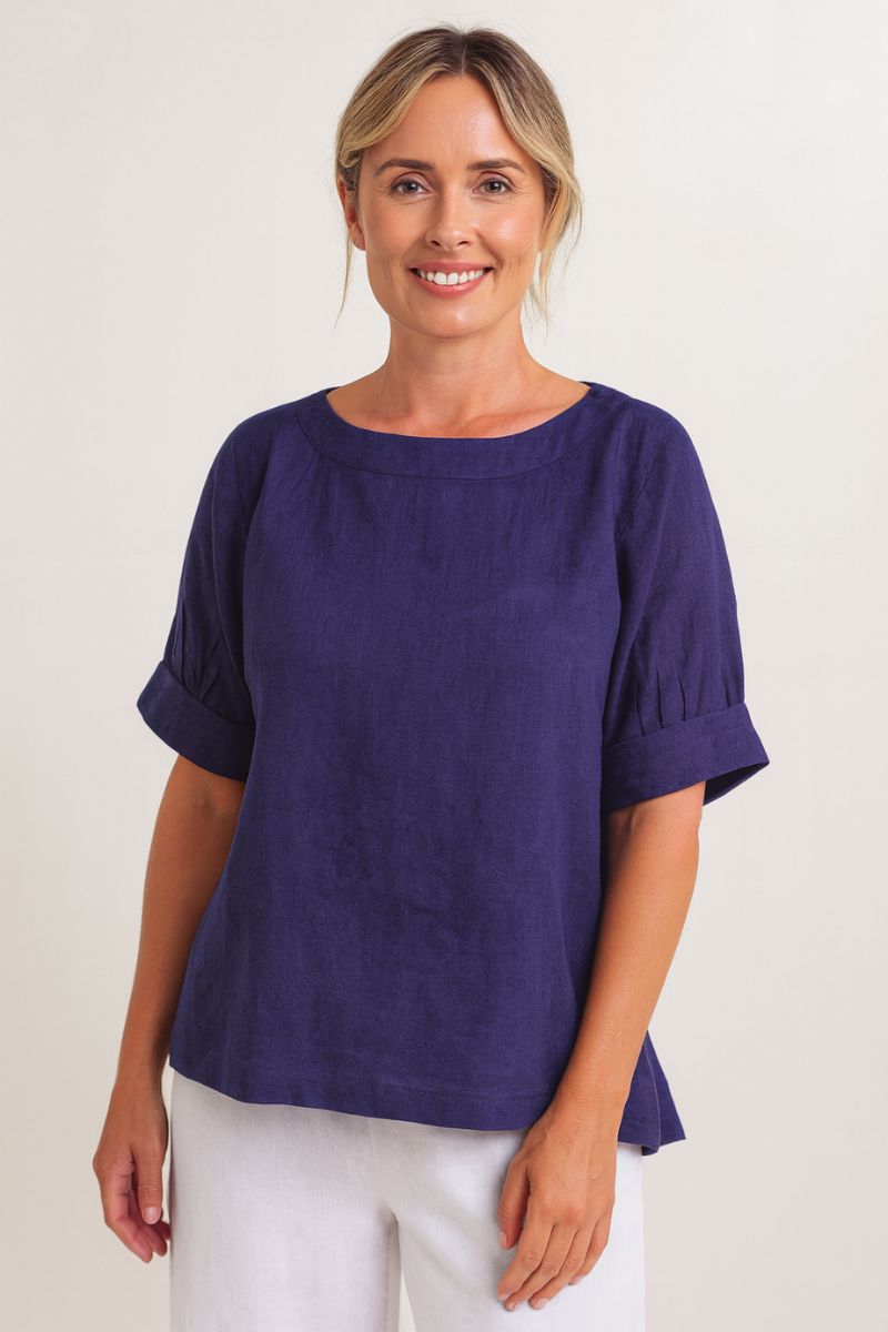 Linen Cuff Sleeve A-Line Top in Denim by See Saw