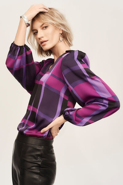 Satin Print Top In Empress Blackcurrent and Lilac Hues By Joseph Ribkorr
