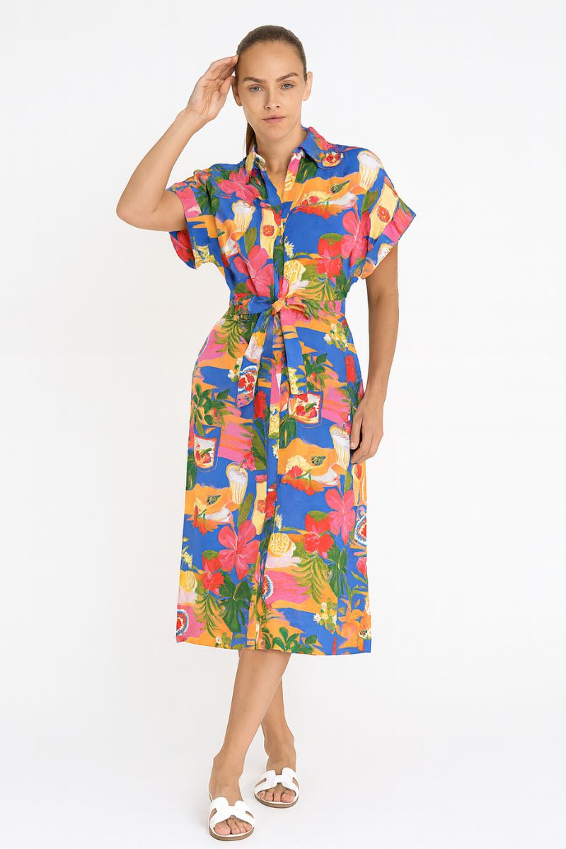 Blue Tropical Print Midi Dress