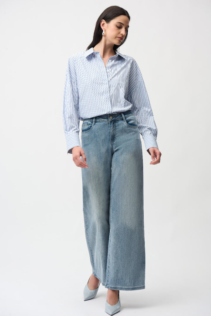 Goldie Classic Wide-Leg Stretch Jeans Featherweave Denim Jeans in 251968 by Joseph Ribkoff in Light Blue Denim / 2