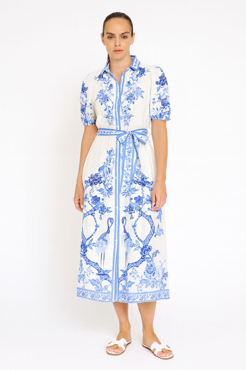Rayon Linen Maxi Dress in Blue Toile Style Print