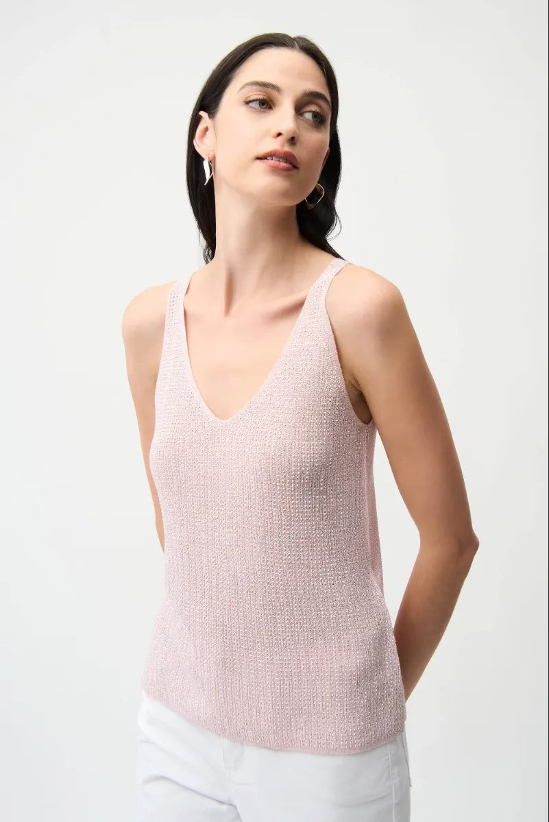 Woman wearing Joseph Ribkoff 252915S26 Metallic Knitted Camisole with Rhinestones side view in Petal Pink