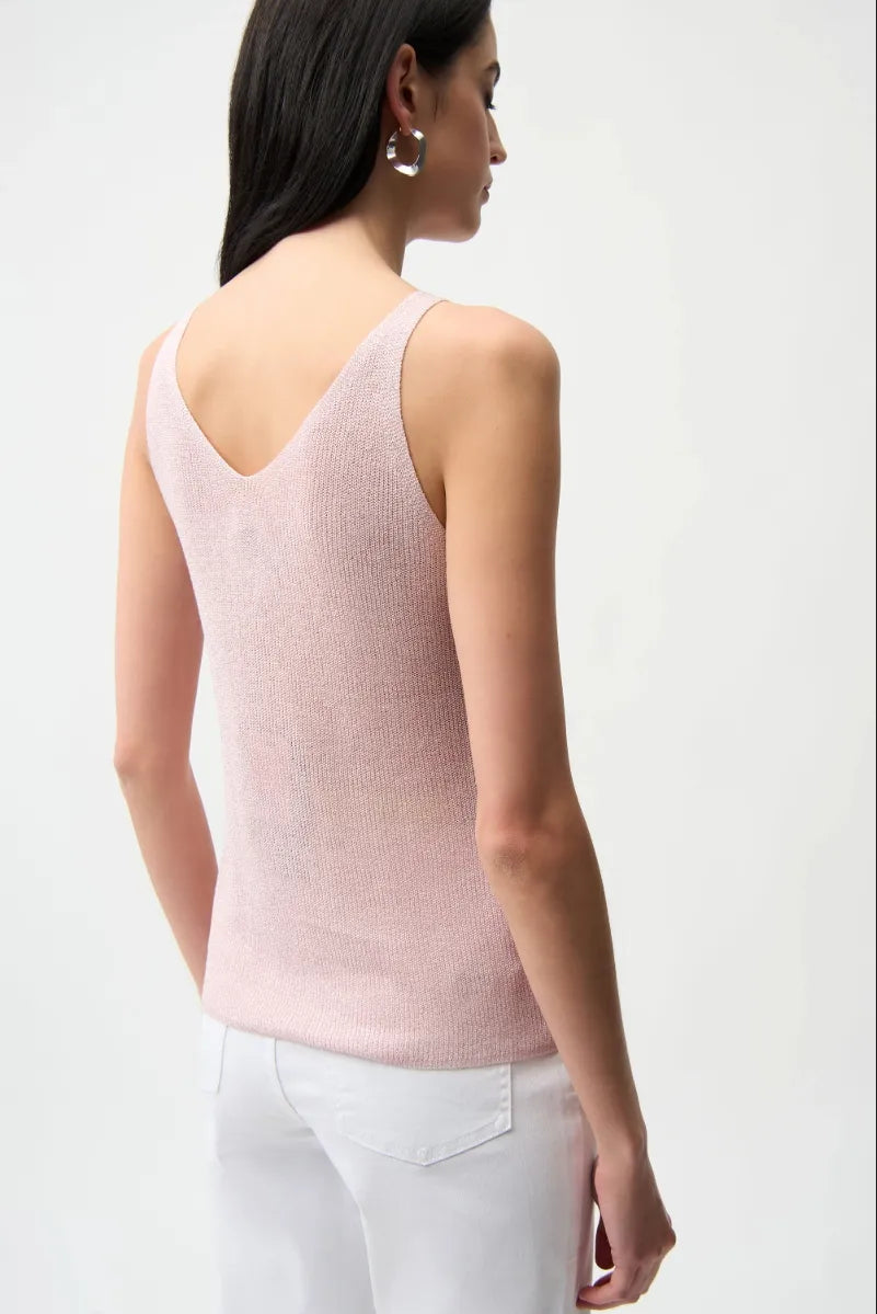 Woman wearing Joseph Ribkoff 252915S26 Metallic Knitted Camisole with Rhinestones back view in Petal Pink