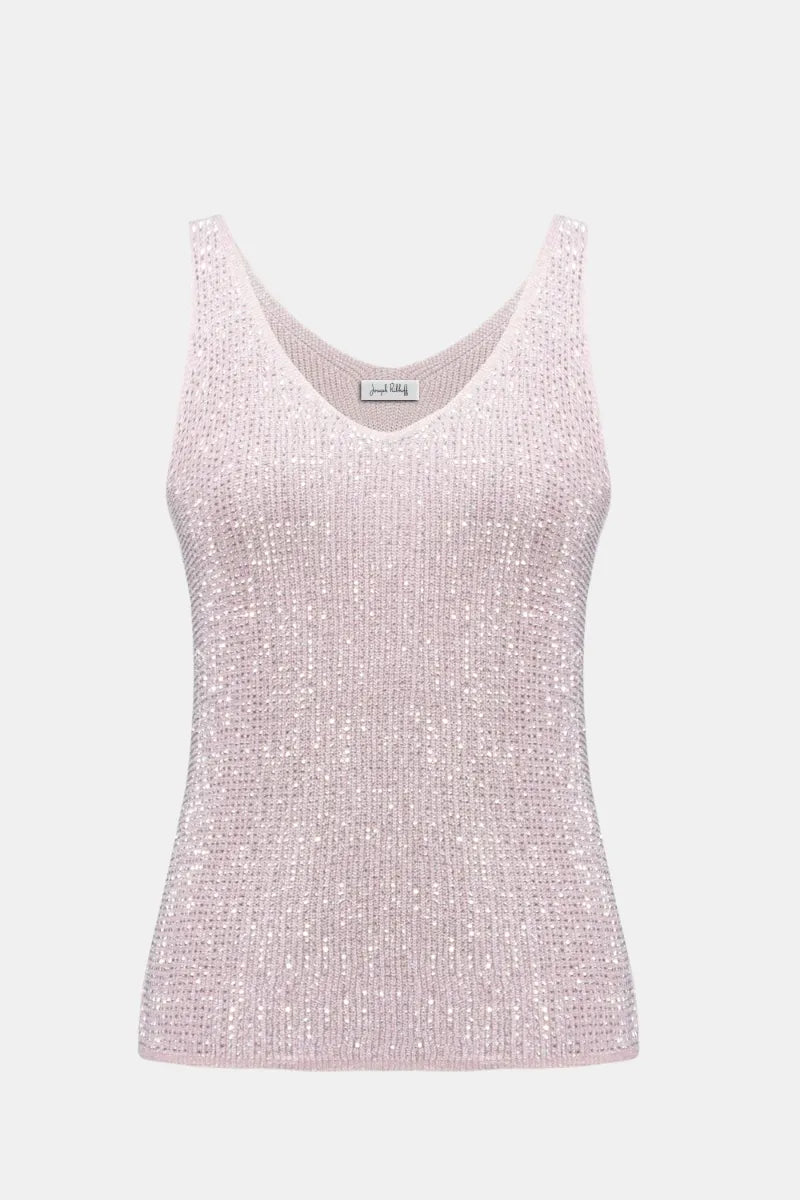 Woman wearing Joseph Ribkoff 252915S26 Metallic Knitted Camisole with Rhinestones product view in Petal Pink