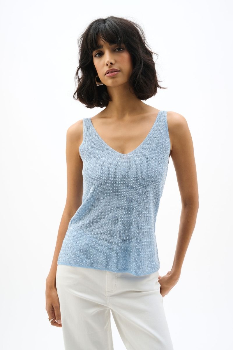 Woman wearing 252915 sky blue camisole by Joseph RIbkoff Front View
