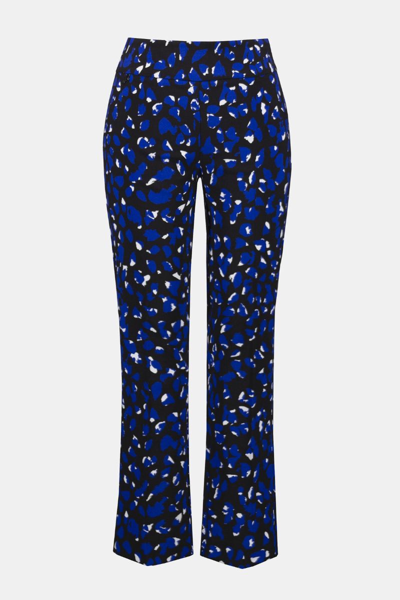 Black pants with blue abstract pattern on a white background