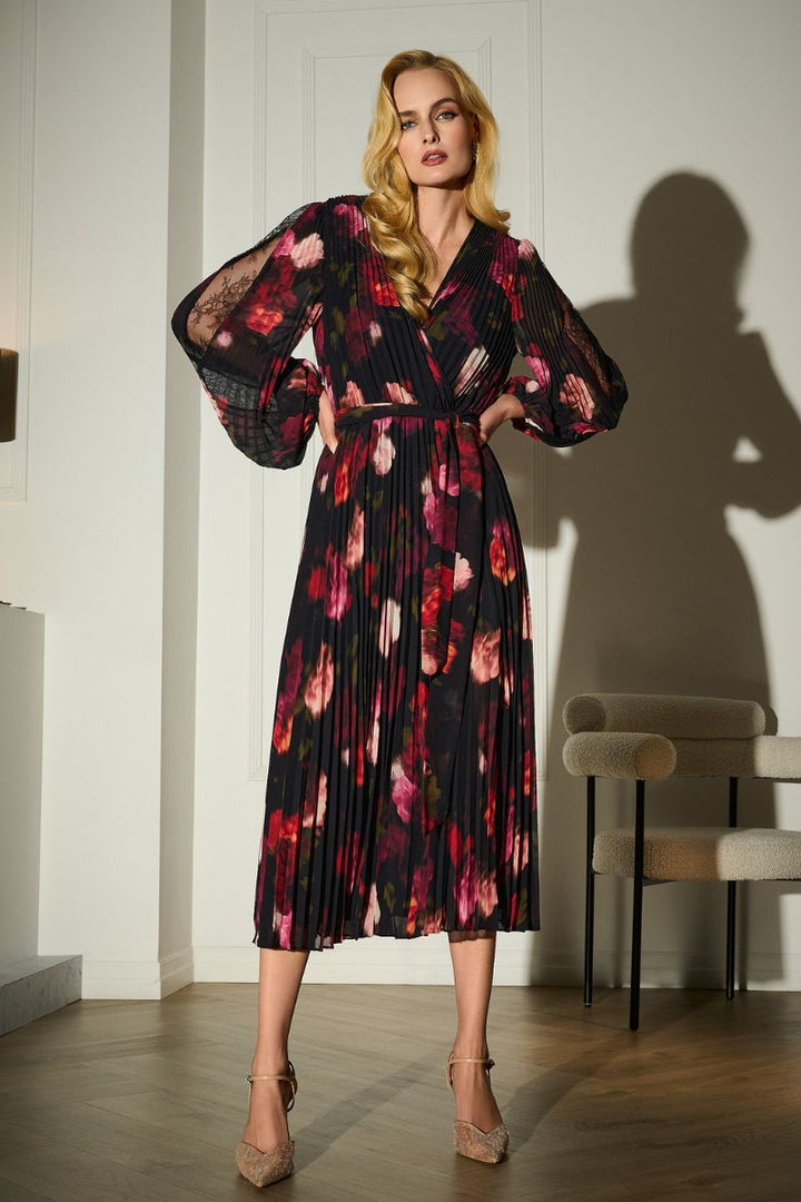 Joseph Ribkoff Signature Pleated Floral Fit and Flare Dress 253774 in XL