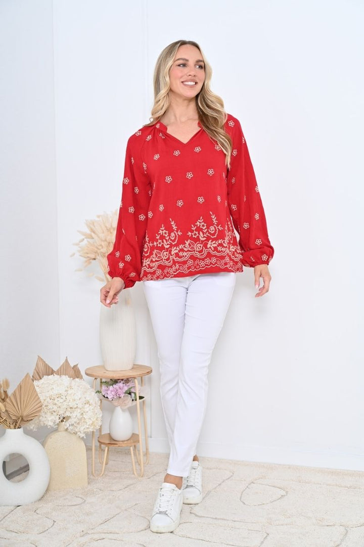 Weekends Shelley Blouse with embroidery and V neck Red in 8