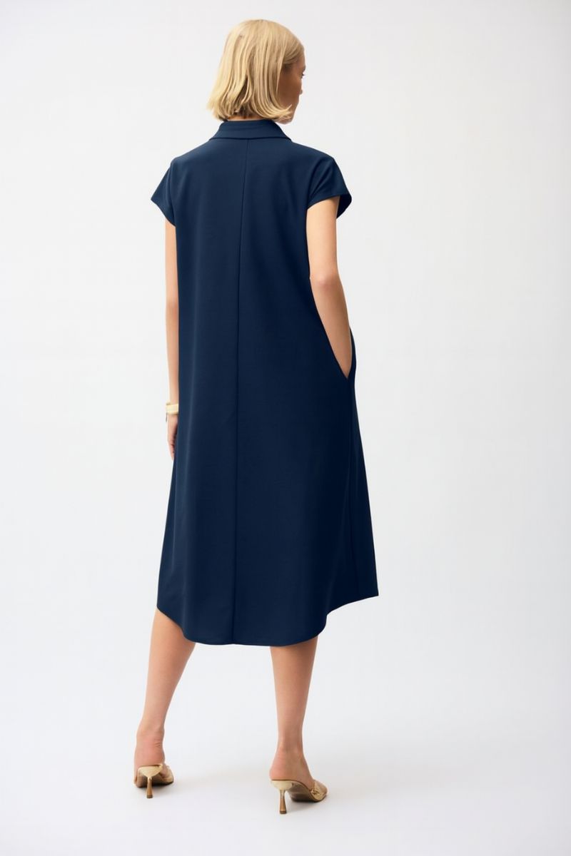 Woman wearing Joseph Ribkoff 261049 Stretch Poplin Trapeze Shirt Dress Midnight Blue back view