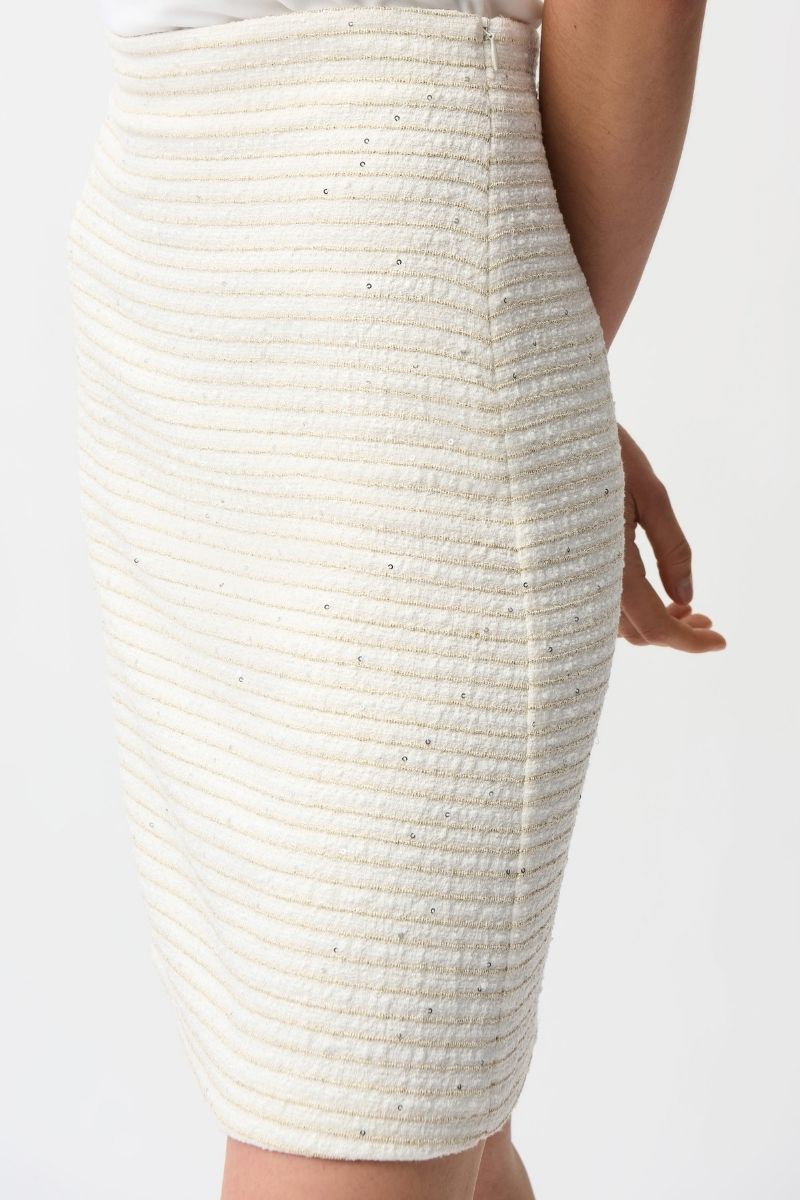 Woman wearing Joseph Ribkoff 261175 Bouclé A-Line Skirt side zipper detail