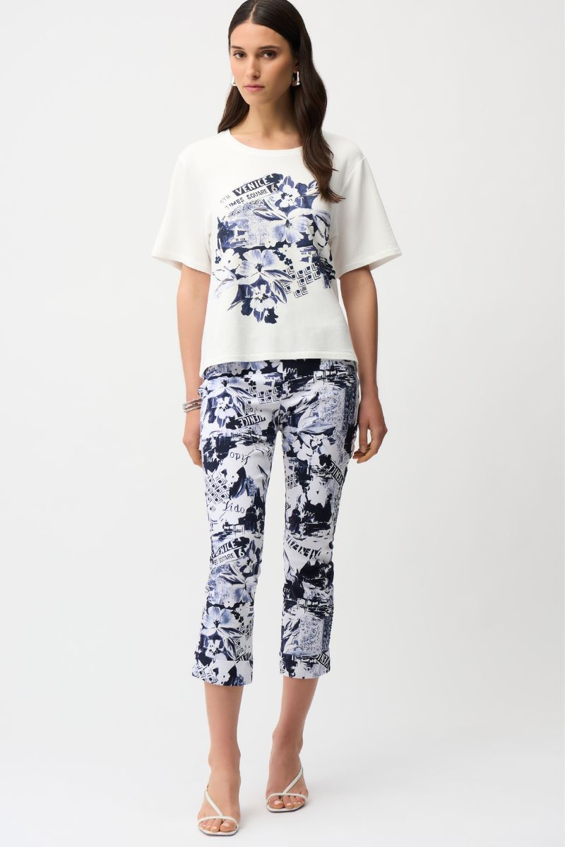 Crop Pull-On Pants Millennium Conversational Print in Navy/White by Joseph Ribkoff