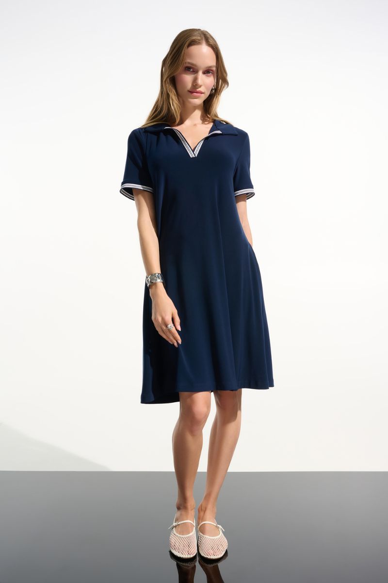 Woman wearing Joseph Ribkoff 261614 Silky Knit Trapeze Dress with Polo Collar in Indigo front view