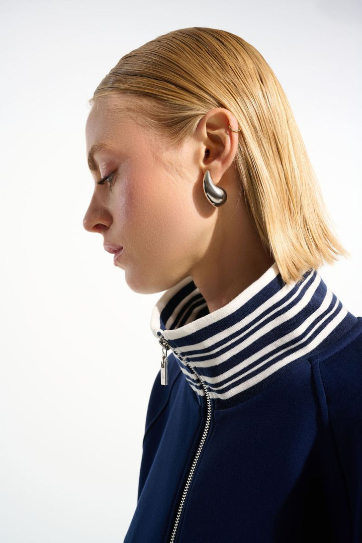 Scuba Jersey Jacket with Funnel Collar in Indigo/Vanilla by Joseph Ribkoff in Indigo / S