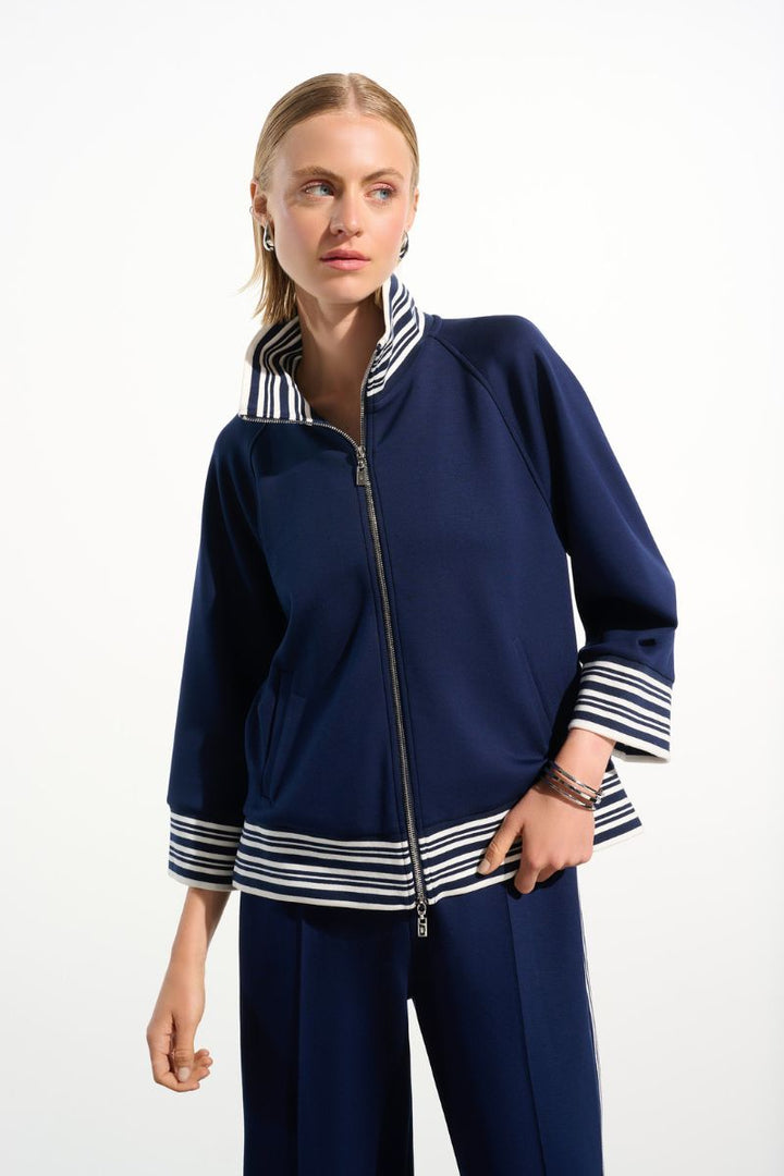 Scuba Jersey Jacket with Funnel Collar in Indigo/Vanilla by Joseph Ribkoff in Indigo / S
