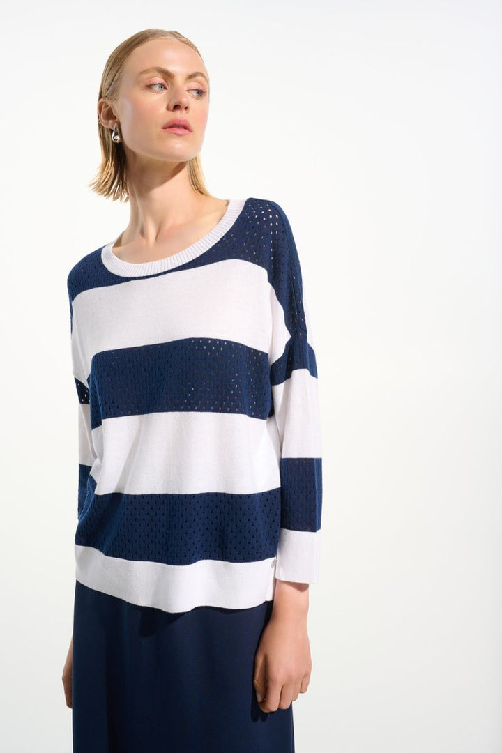 Cotton Blend Stripe Print Crewneck Sweater in Indigo/Vanilla Stripe by Joseph Ribkoff in S / Indigo
