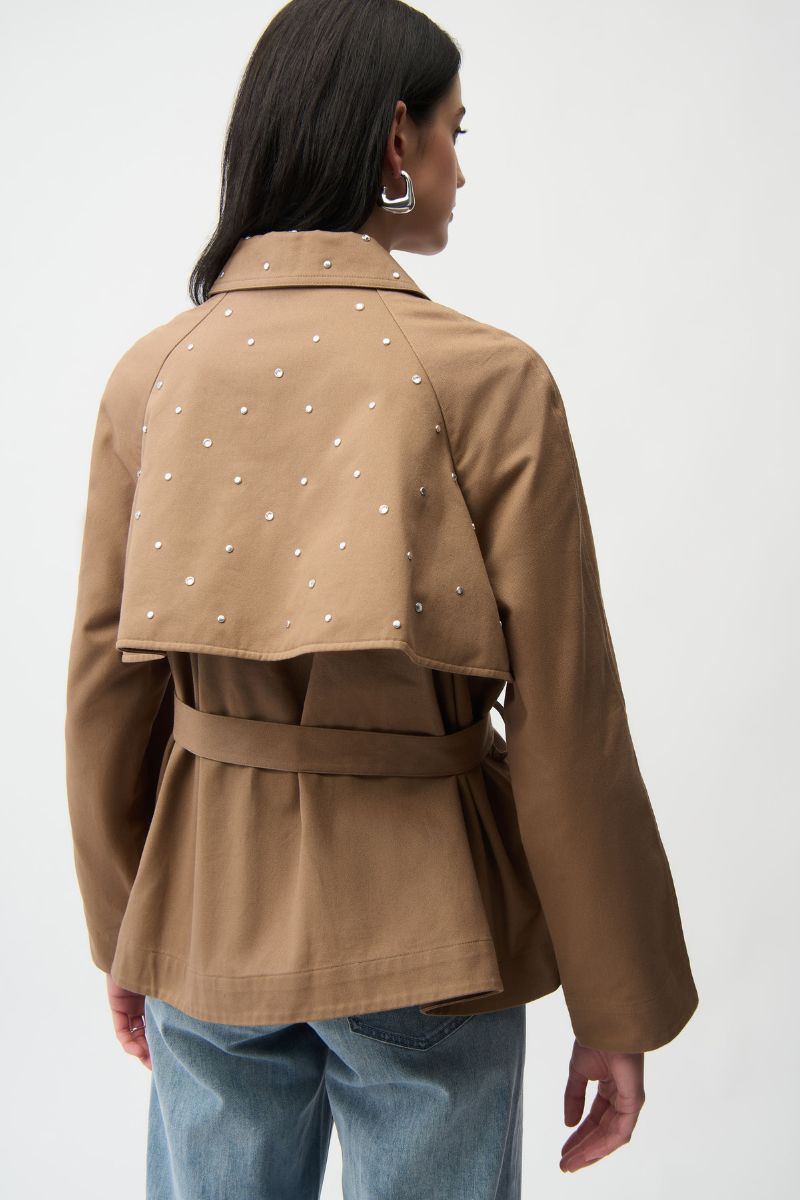 Woman wearing Joseph Ribkoff 261907 Cotton Twill Short Trench with Belt and Rhinestone Detail in Tiger’s Eye back view