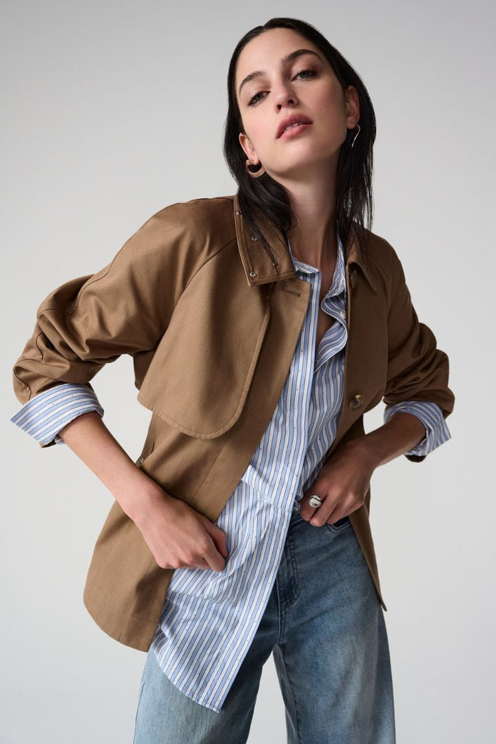 Cotton Twill Short Trench with Belt and Rhinestone Detail in Tiger’s Eye by Joseph Ribkoff in M / Tigers Eye