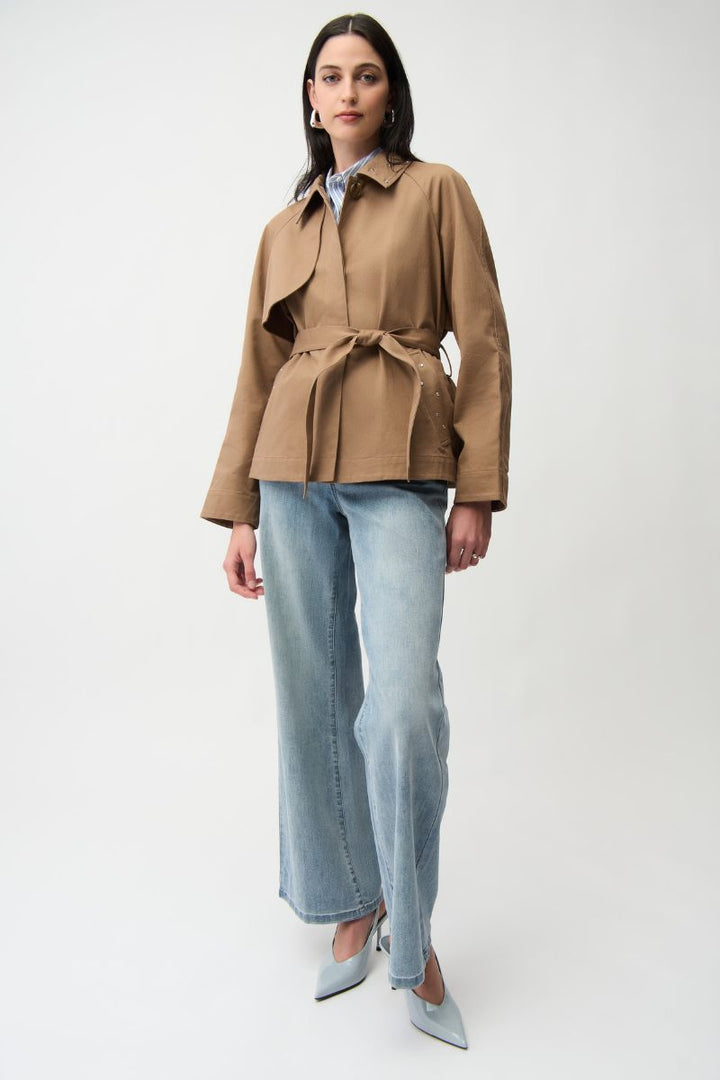 Cotton Twill Short Trench with Belt and Rhinestone Detail in Tiger’s Eye by Joseph Ribkoff in M / Tigers Eye