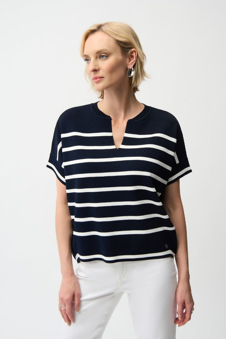 Viscose Blend Stripe Print Short Sleeve Sweater in Navy and Vanilla Stripe by Joseph Ribkoff in S / Indigo