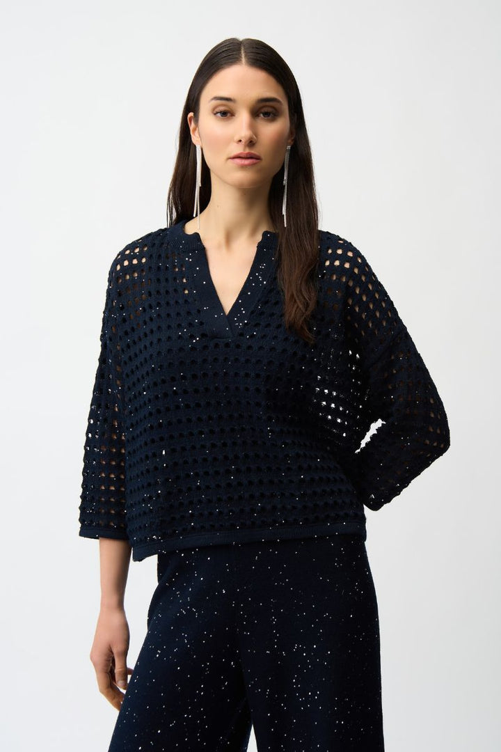 Cotton Blend Open Stitch Boxy Sweater in Midnight Blue by Joseph Ribkoff in S / Indigo