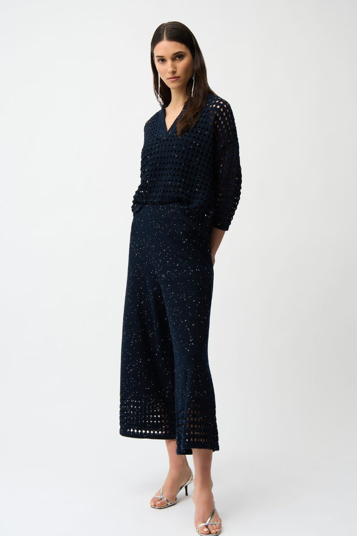 Cotton Blend Open Stitch Boxy Sweater in Midnight Blue by Joseph Ribkoff in S / Indigo