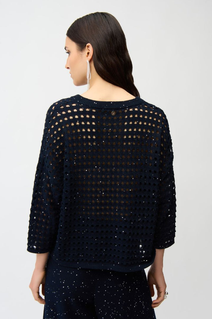 Cotton Blend Open Stitch Boxy Sweater in Midnight Blue by Joseph Ribkoff in S / Indigo
