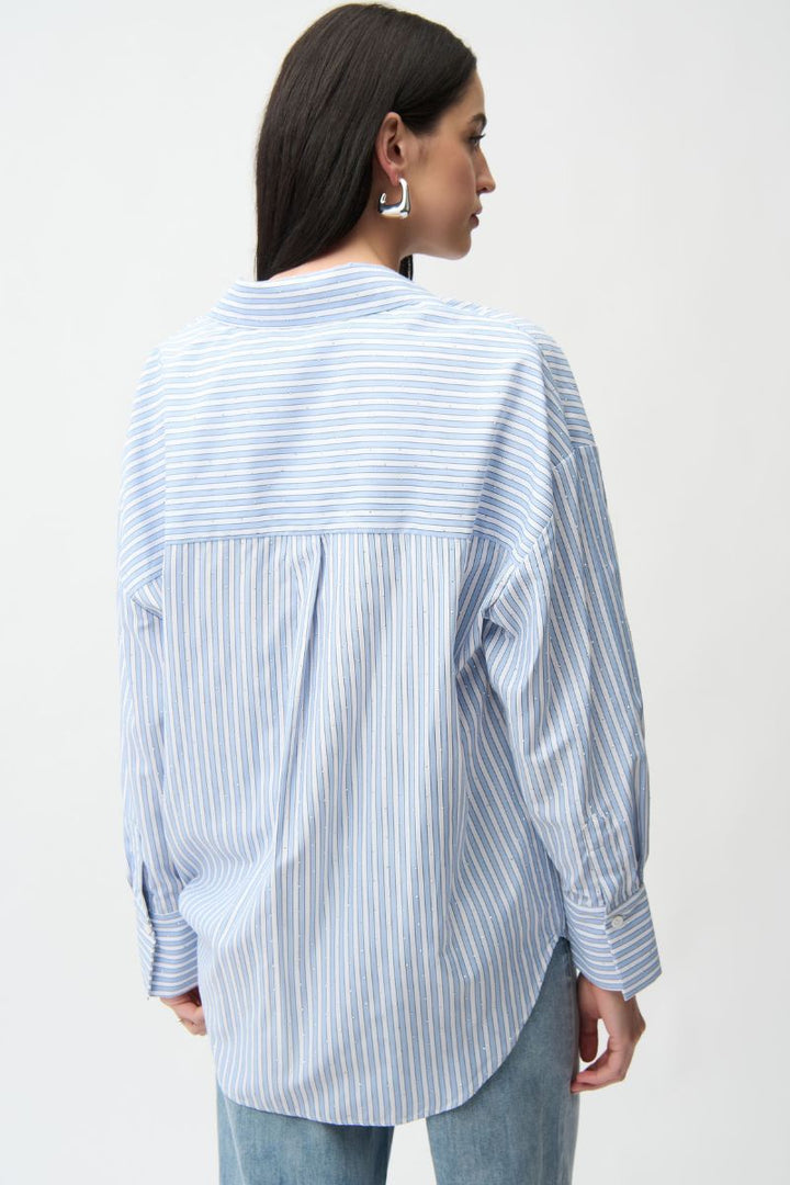 Stripe Print Boxy Tencel Blouse in Blue/Vanilla Stripe by Joseph Ribkoff in Oxford Blue / S