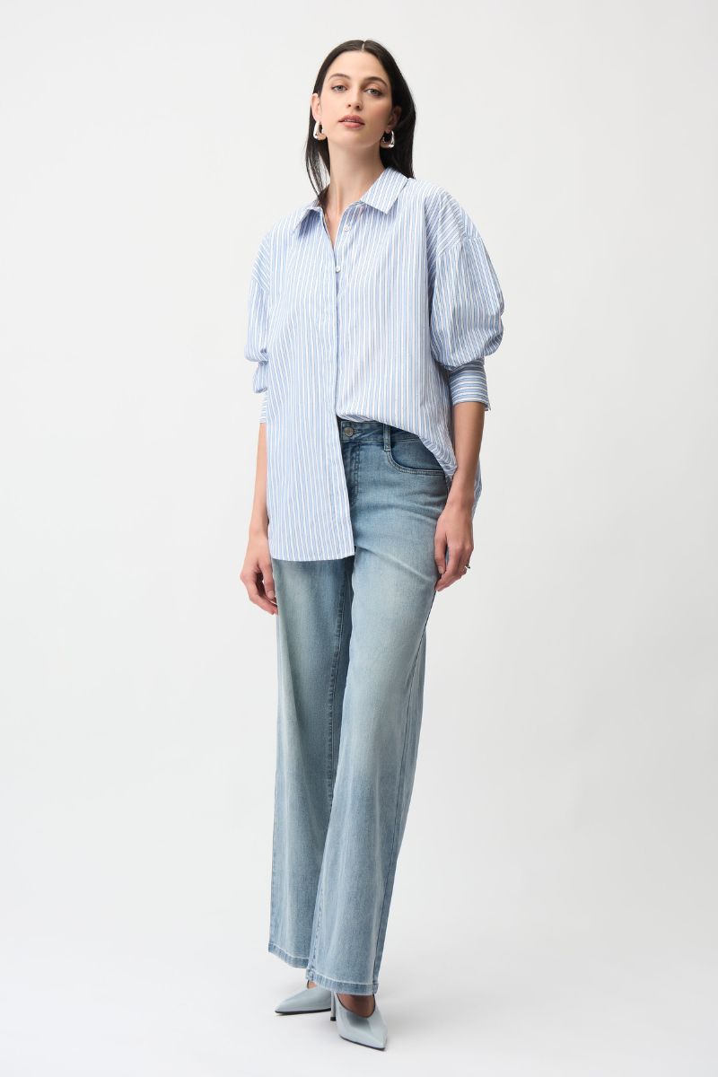 Woman wearing Joseph Ribkoff 261931 Tencel Stripe Print Boxy Blouse styled outfit view in Blue Vanilla Stripe