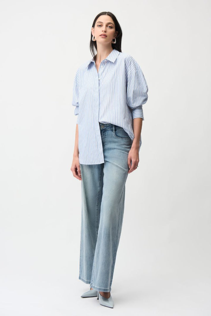 Stripe Print Boxy Tencel Blouse in Blue/Vanilla Stripe by Joseph Ribkoff in Oxford Blue / S