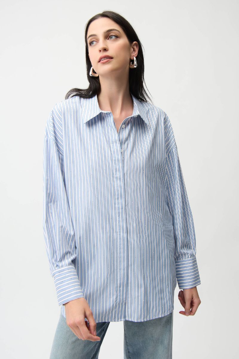 Stripe Print Boxy Tencel Blouse in Blue/Vanilla Stripe by Joseph Ribkoff