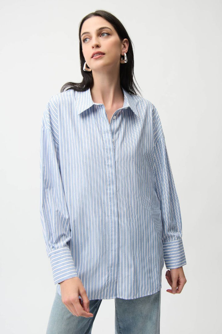 Stripe Print Boxy Tencel Blouse in Blue/Vanilla Stripe by Joseph Ribkoff in Oxford Blue / S