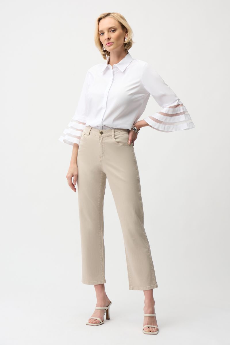 Woman wearing Joseph Ribkoff 261933 Stretch Poplin Straight Blouse with Organza Bell Sleeves styled outfit view in White