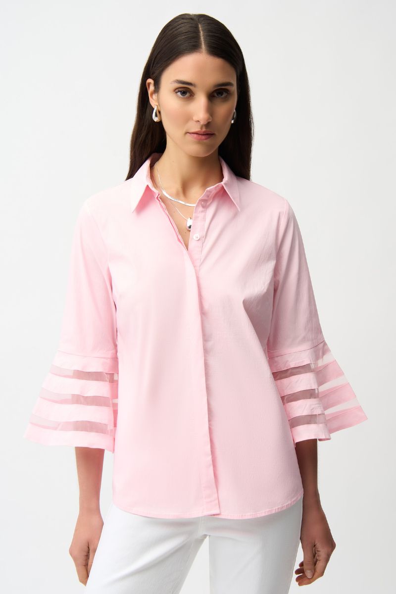 Stretch Poplin Straight Blouse with Organza Bell Sleeves in Petal Pink by Joseph Ribkoff
