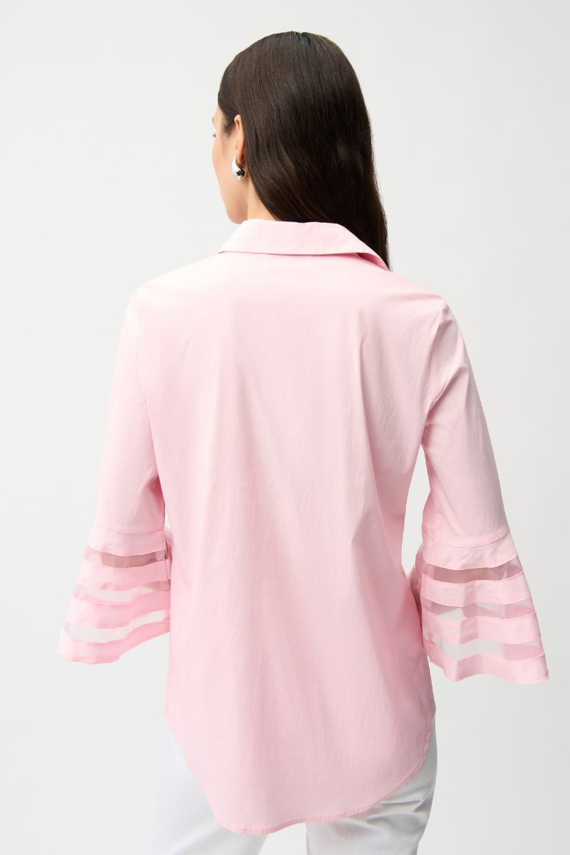 Woman wearing Joseph Ribkoff 261933 Stretch Poplin Straight Blouse with Organza Bell Sleeves in Petal Pink back view