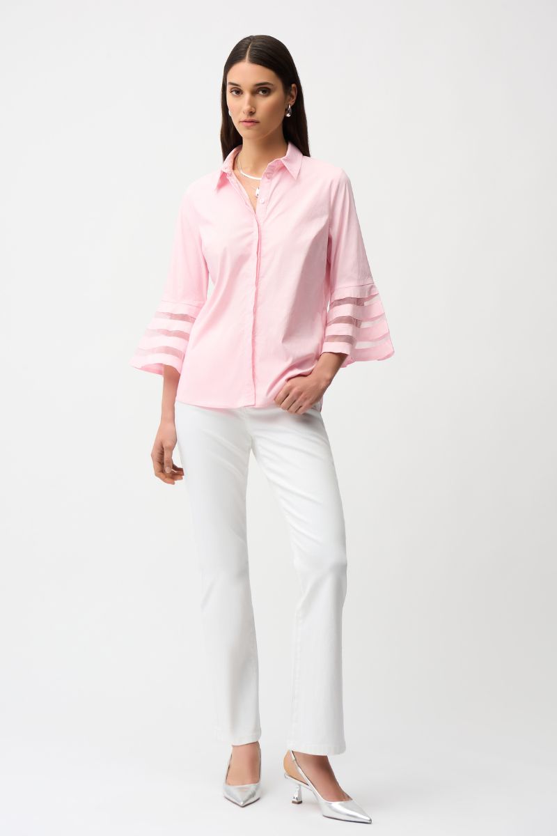 Woman wearing Joseph Ribkoff 261933 Stretch Poplin Straight Blouse with Organza Bell Sleeves styled outfit view in Petal Pink
