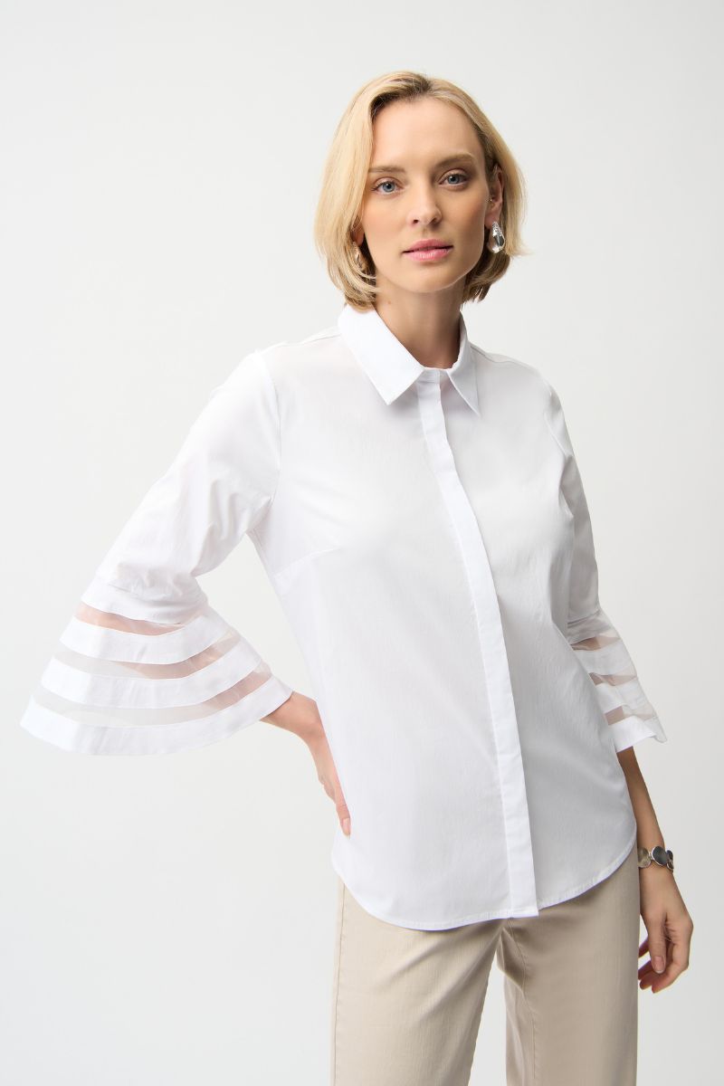 Stretch Poplin Straight Blouse with Organza Bell Sleeves in White by Joseph Ribkoff