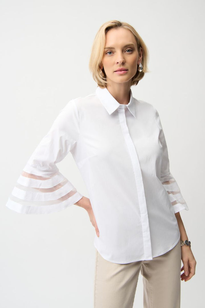 Stretch Poplin Straight Blouse with Organza Bell Sleeves in White by Joseph Ribkoff in White / S