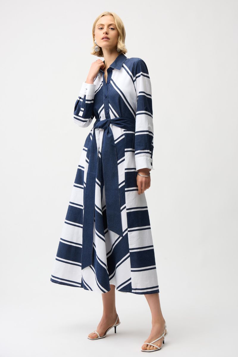 Woman wearing Joseph Ribkoff 261936 Cotton Stripe Print Fit and Flare Shirt Dress with Reversible Sash in Navy White Stripe front view