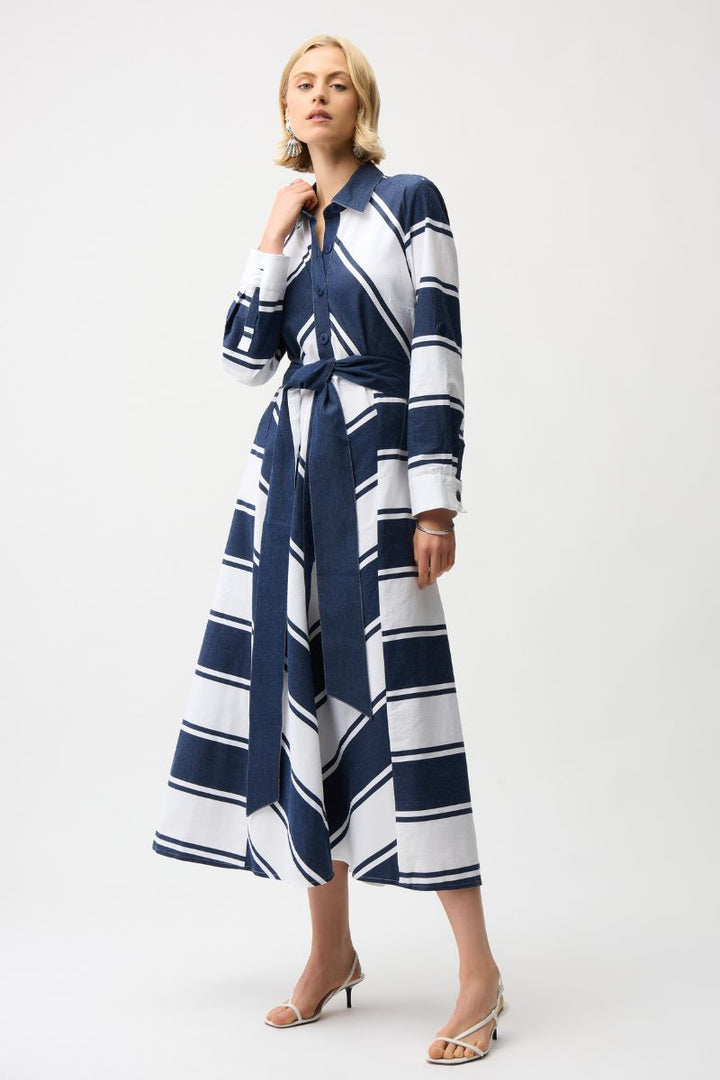 Fit and Flare Shirt Dress in a Cotton Stripe Print with Reversible Sash in Navy/White Stripe by Joseph Ribkoff in Navy / S