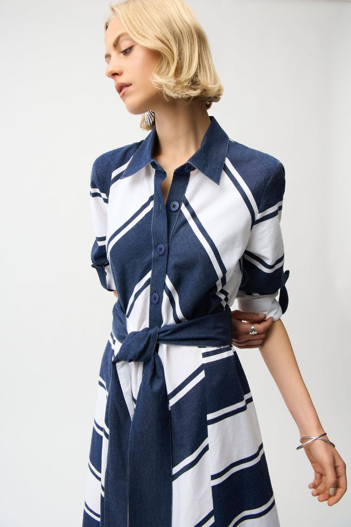 Fit and Flare Shirt Dress in a Cotton Stripe Print with Reversible Sash in Navy/White Stripe by Joseph Ribkoff in Navy / S