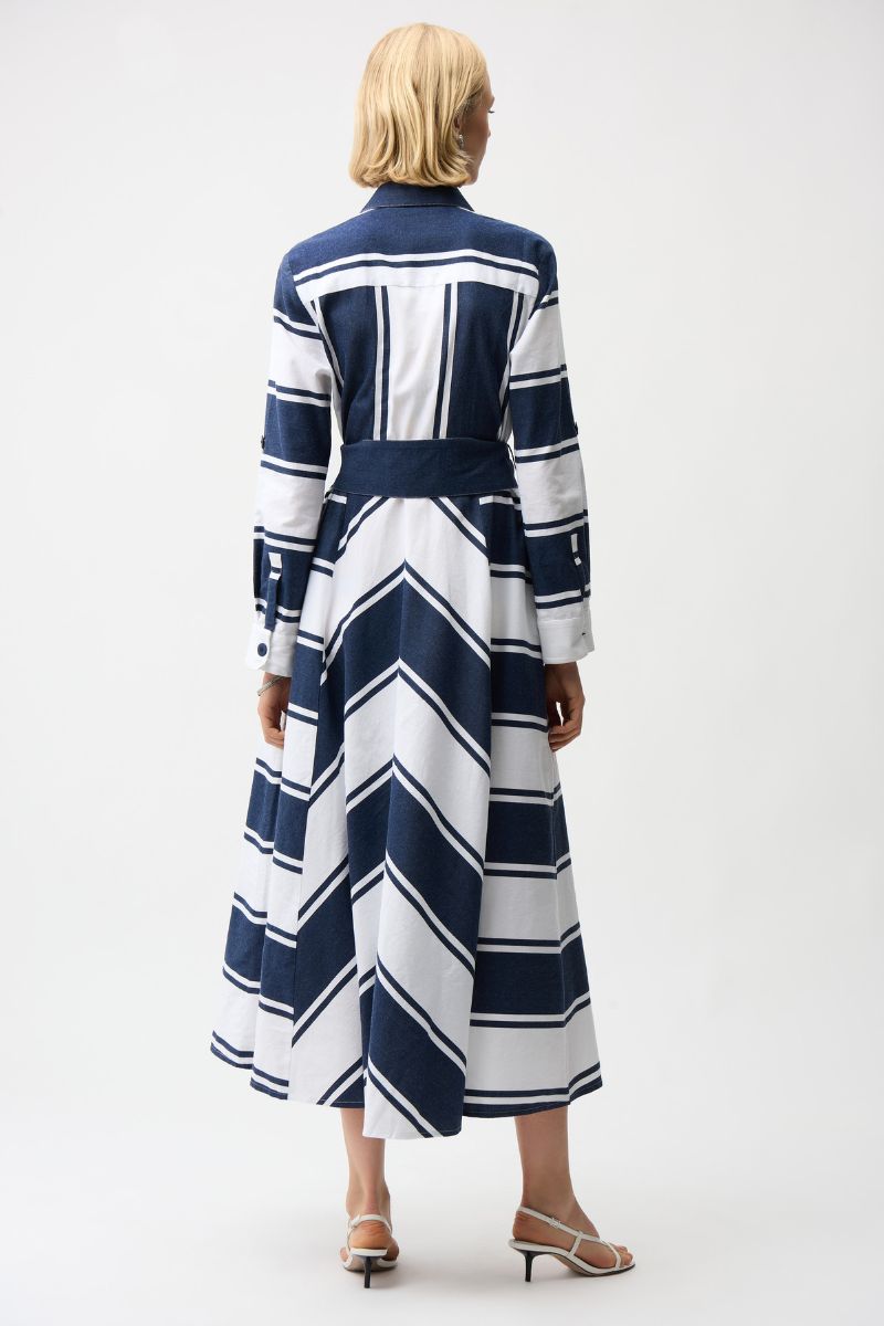 Woman wearing Joseph Ribkoff 261936 Cotton Stripe Print Fit and Flare Shirt Dress with Reversible Sash in Navy White Stripe back view