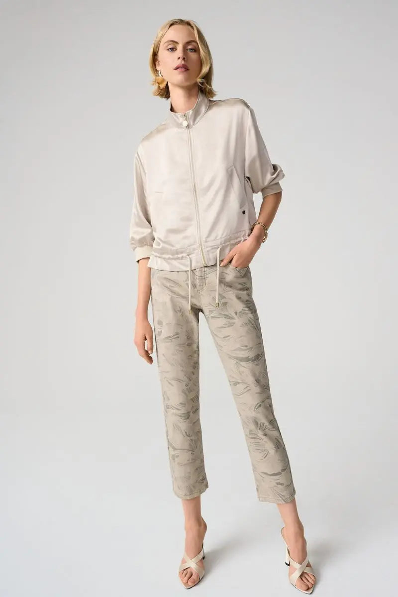 Woman wearing Joseph Ribkoff 261959 Metallic Abstract Print Slim Crop Jeans Gold Taupe front view