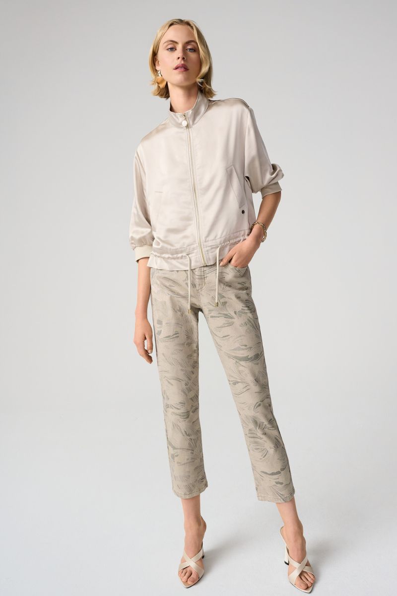 Woman wearing Joseph Ribkoff 261959 Metallic Abstract Print Slim Crop Jeans Gold Taupe front view