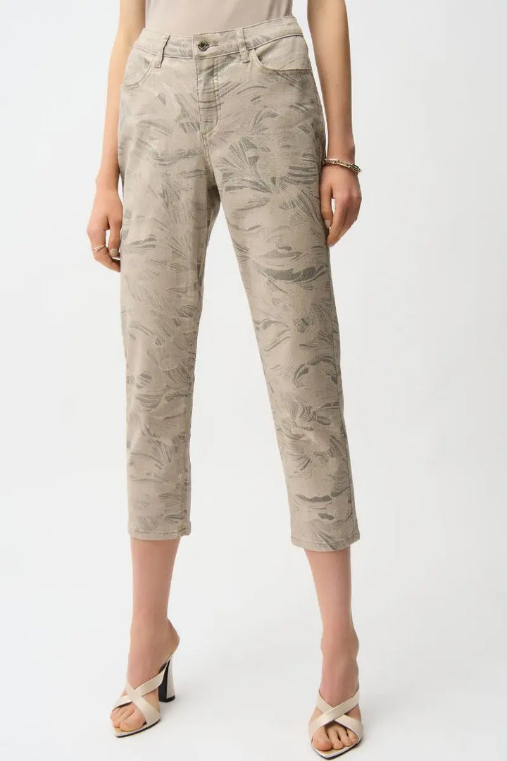 Woman wearing Joseph Ribkoff 261959 Metallic Abstract Print Slim Crop Jeans Gold Taupe detail view
