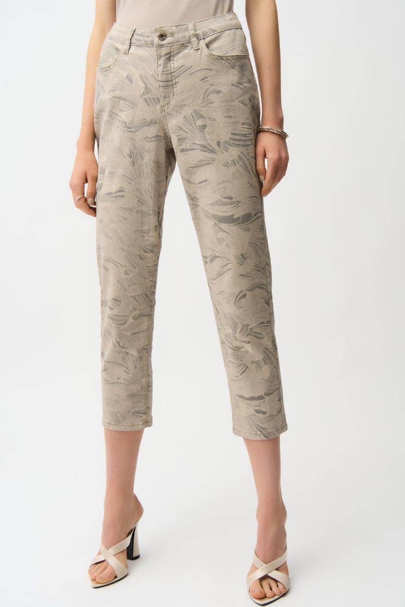 Woman wearing Joseph Ribkoff 261959 Metallic Abstract Print Slim Crop Jeans Gold Taupe detail view